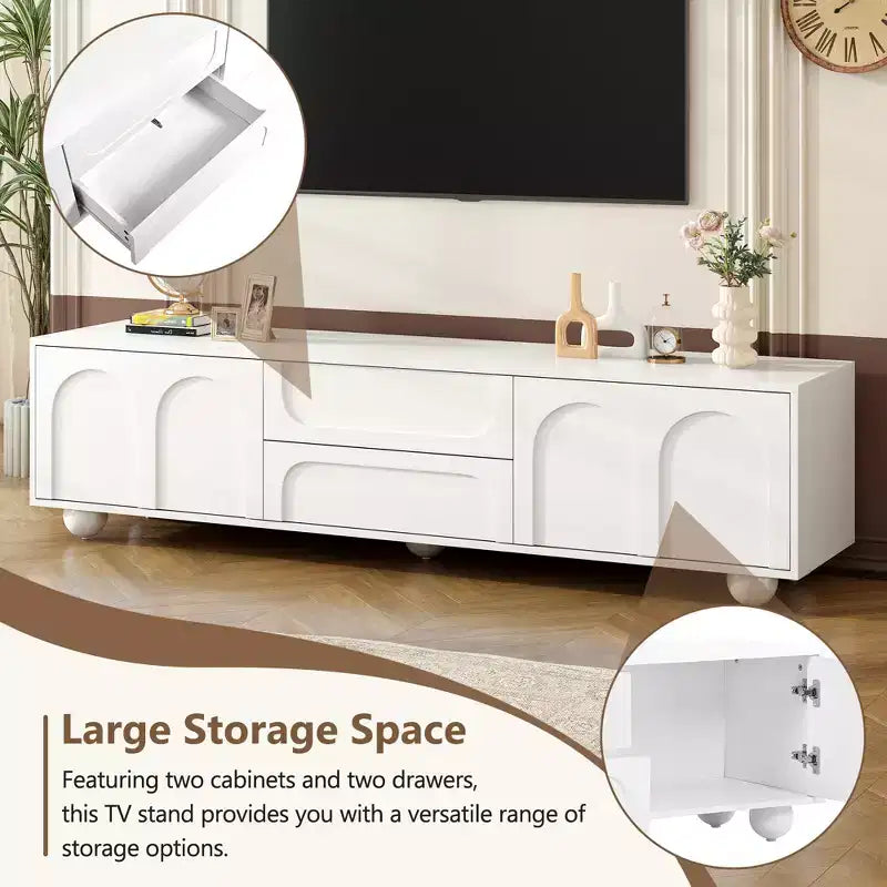 Meuble TV minimaliste de 70 po, Console TV, Centre de divertissement, Console média avec tiroir, armoire et dispositif de rebond pour téléviseurs jusqu'à 75 po, Blanc/Noir