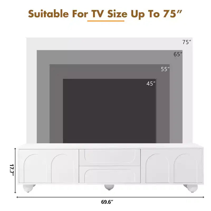 Meuble TV minimaliste de 70 po, Console TV, Centre de divertissement, Console média avec tiroir, armoire et dispositif de rebond pour téléviseurs jusqu'à 75 po, Blanc/Noir