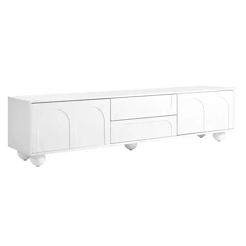 Meuble TV minimaliste de 70 po, Console TV, Centre de divertissement, Console média avec tiroir, armoire et dispositif de rebond pour téléviseurs jusqu'à 75 po, Blanc/Noir