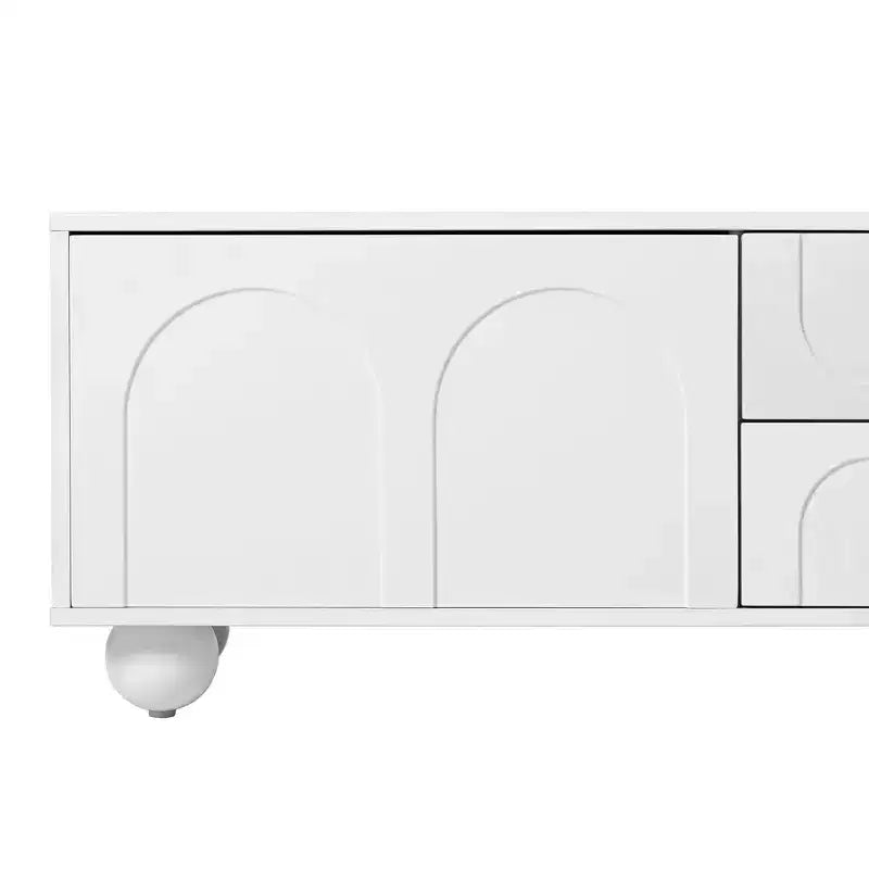 Meuble TV minimaliste de 70 po, Console TV, Centre de divertissement, Console média avec tiroir, armoire et dispositif de rebond pour téléviseurs jusqu'à 75 po, Blanc/Noir