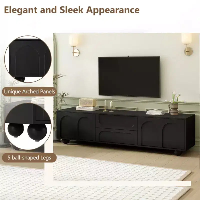 Meuble TV minimaliste de 70 po, Console TV, Centre de divertissement, Console média avec tiroir, armoire et dispositif de rebond pour téléviseurs jusqu'à 75 po, Blanc/Noir