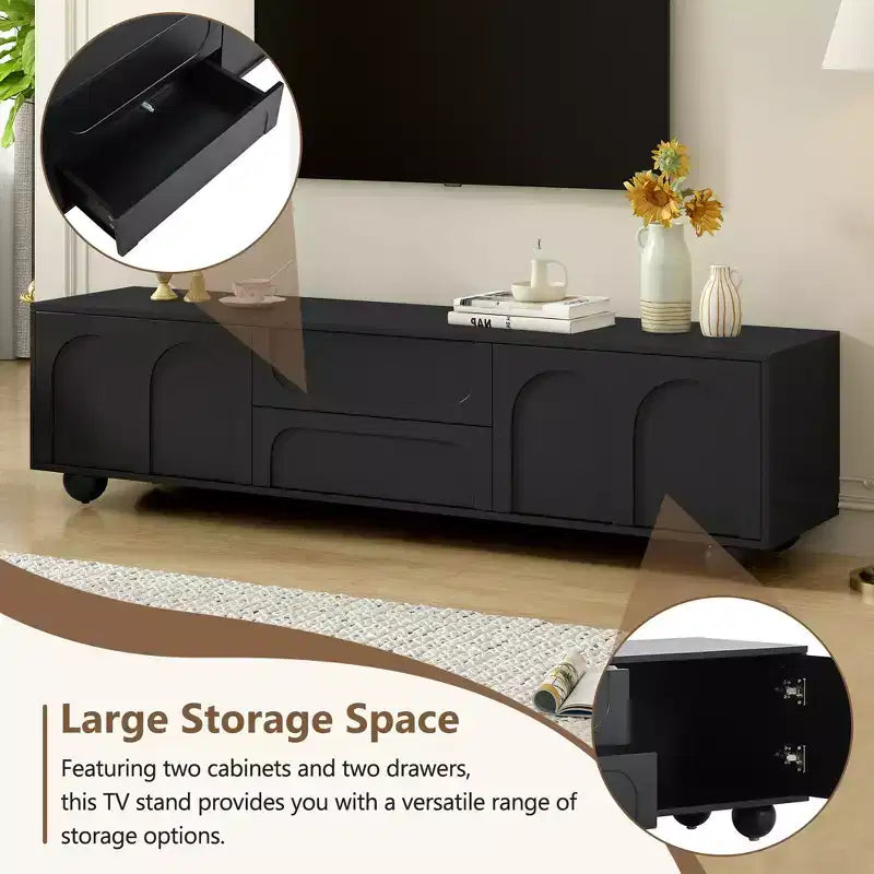 Meuble TV minimaliste de 70 po, Console TV, Centre de divertissement, Console média avec tiroir, armoire et dispositif de rebond pour téléviseurs jusqu'à 75 po, Blanc/Noir