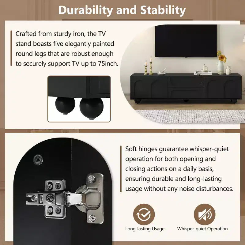 Meuble TV minimaliste de 70 po, Console TV, Centre de divertissement, Console média avec tiroir, armoire et dispositif de rebond pour téléviseurs jusqu'à 75 po, Blanc/Noir