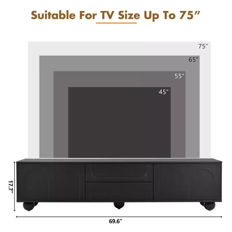 Meuble TV minimaliste de 70 po, Console TV, Centre de divertissement, Console média avec tiroir, armoire et dispositif de rebond pour téléviseurs jusqu'à 75 po, Blanc/Noir