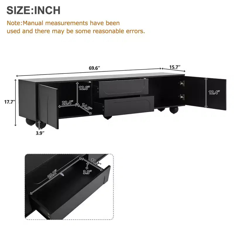 Meuble TV minimaliste de 70 po, Console TV, Centre de divertissement, Console média avec tiroir, armoire et dispositif de rebond pour téléviseurs jusqu'à 75 po, Blanc/Noir