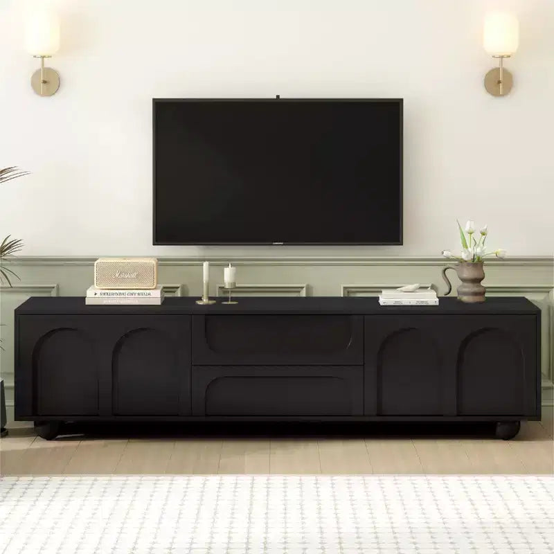 70 Minimalist TV Stand TV Console Entertainment Center Media Console with Drawer, Cabinet and Rebound Device for TVs Up to 75,White/Black-ModernLuxe