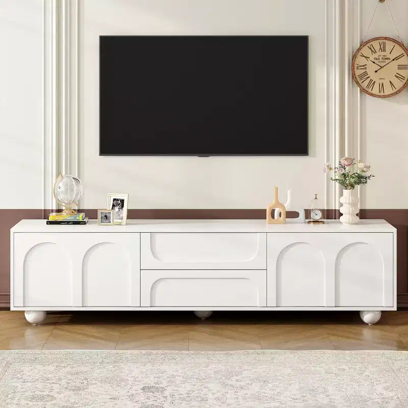 Meuble TV minimaliste de 70 po, Console TV, Centre de divertissement, Console média avec tiroir, armoire et dispositif de rebond pour téléviseurs jusqu'à 75 po, Blanc/Noir