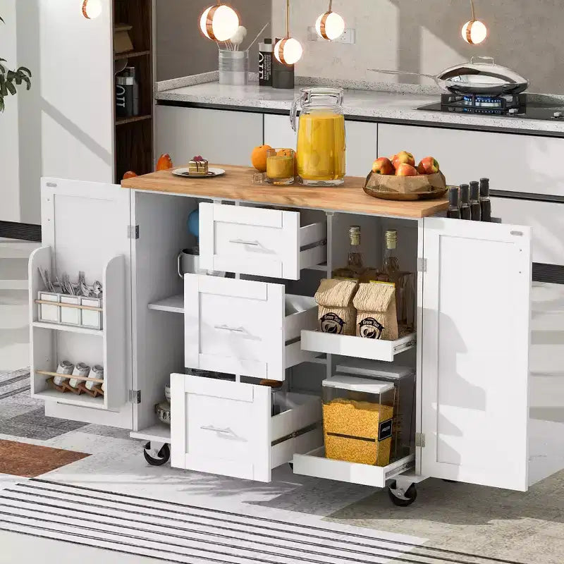 Rolling Kitchen Island with Rubber Wood Top, 3 Drawers, 2 Slide-Out Shelves, Internal Storage Rack, and Spice Rack for Kitchen Convenience