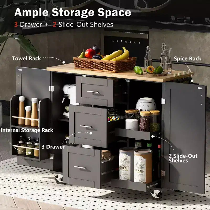 Dessert de cuisine roulant avec plateau en bois d'hévéa, 3 tiroirs, 2 étagères coulissantes, rangement intérieur et porte-épices pour la commodité de la cuisine