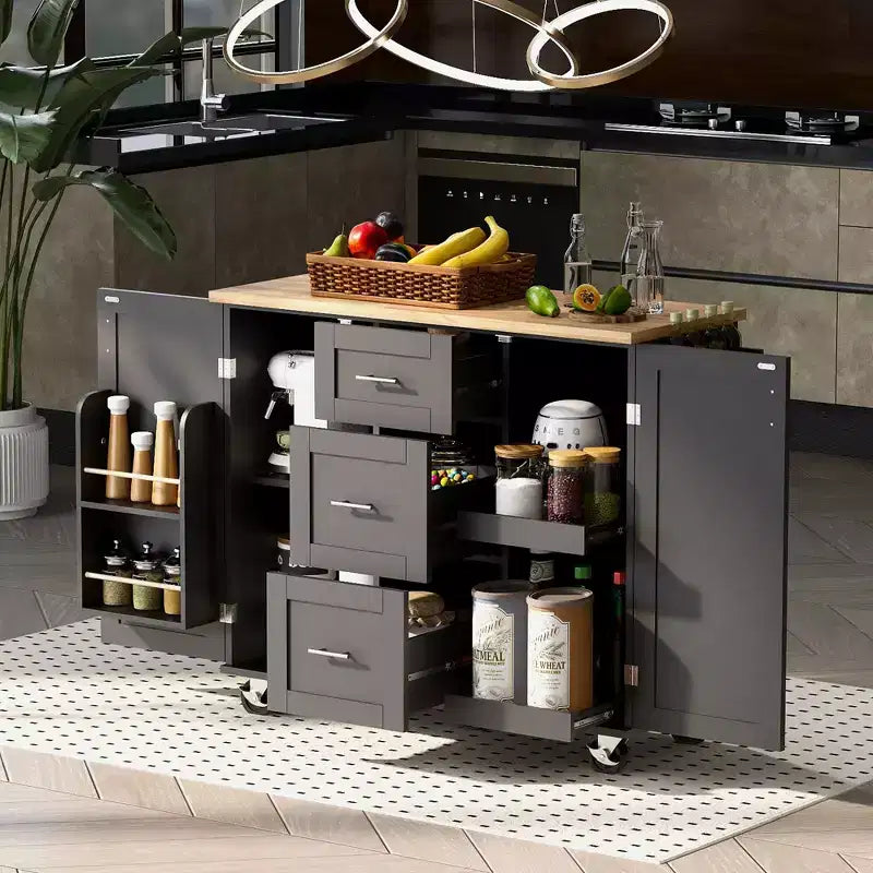 Dessert de cuisine roulant avec plateau en bois d'hévéa, 3 tiroirs, 2 étagères coulissantes, rangement intérieur et porte-épices pour la commodité de la cuisine