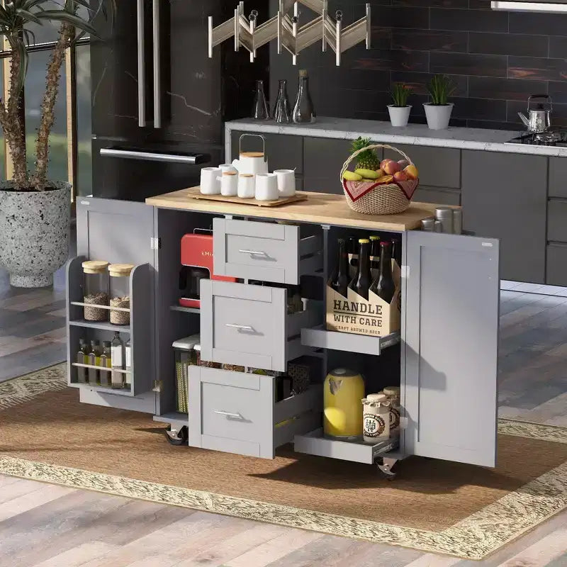 Dessert de cuisine roulant avec plateau en bois d'hévéa, 3 tiroirs, 2 étagères coulissantes, rangement intérieur et porte-épices pour la commodité de la cuisine