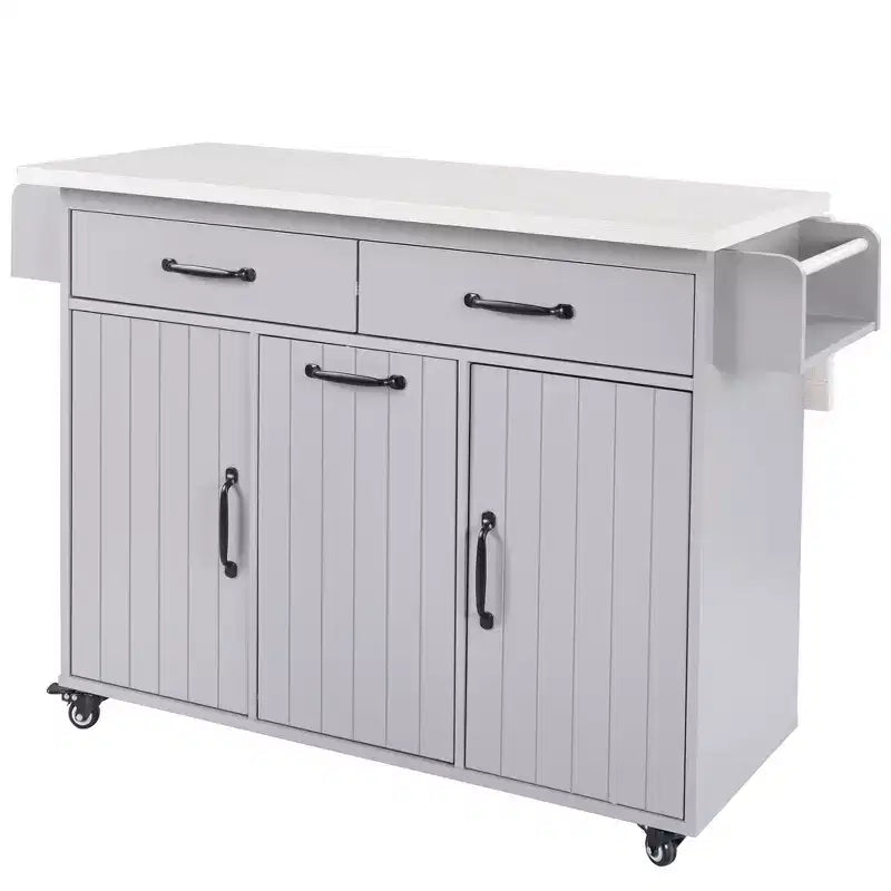 Îlot de cuisine roulant avec poubelle intégrée, abattant, porte-épices, porte-serviettes, tiroir et étagère réglable