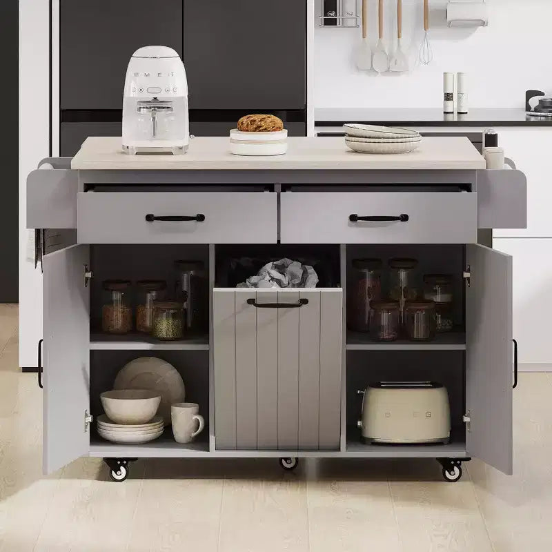 Îlot de cuisine roulant avec poubelle intégrée, abattant, porte-épices, porte-serviettes, tiroir et étagère réglable