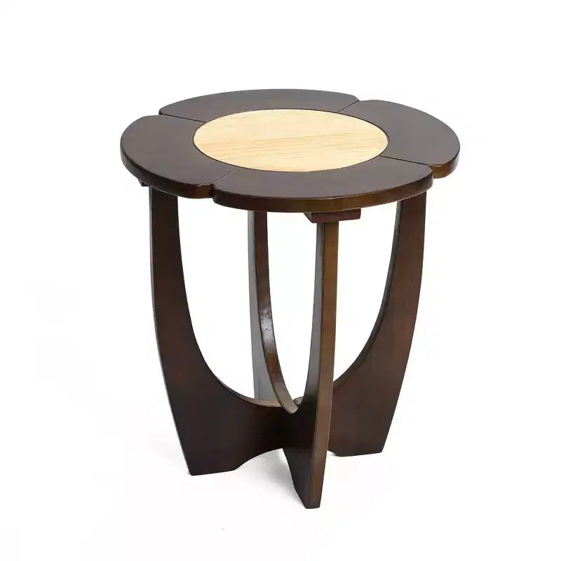 LuxenHome Mid-Century Modern Round Side Table, Color Block Dark Pine Wood Accent End Table with Crisscross Legs for Bedroom, Living Room Brown