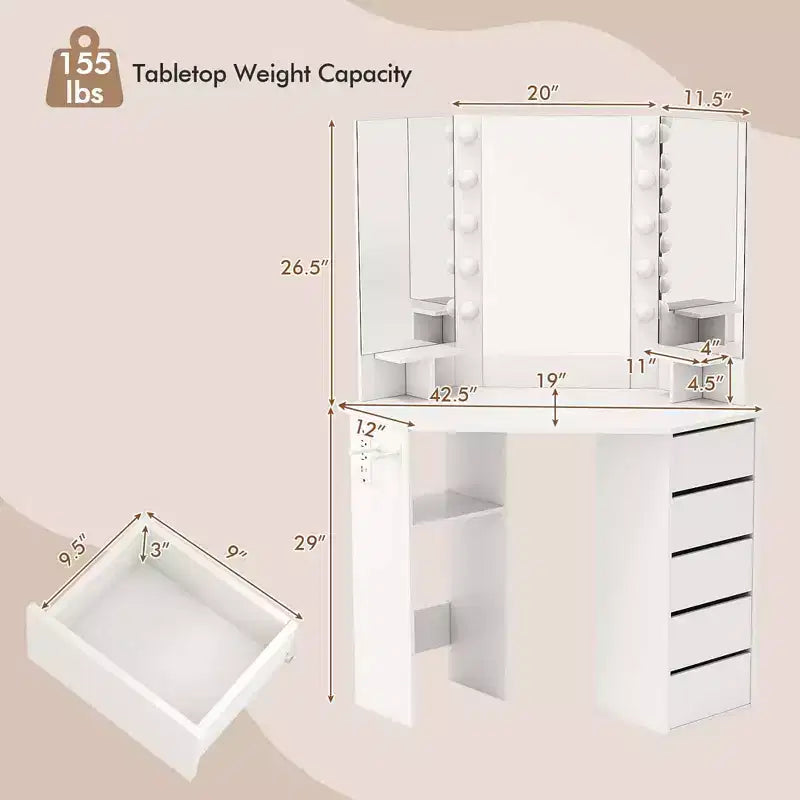 Coiffeuse d'angle avec miroir LED et prises de courant, coloris noir/blanc