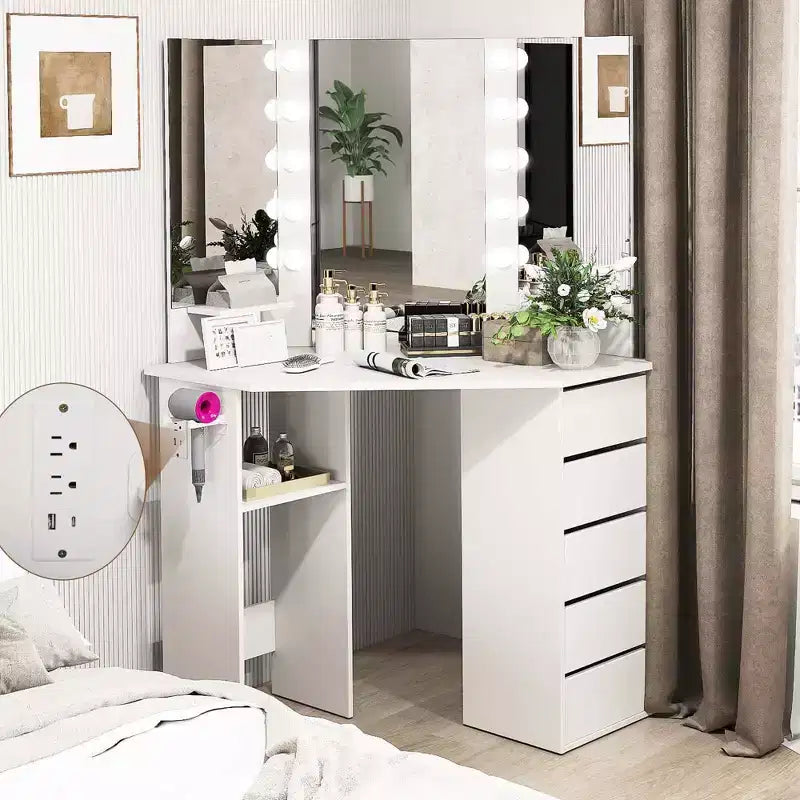 Coiffeuse d'angle avec miroir LED et prises de courant, coloris noir/blanc