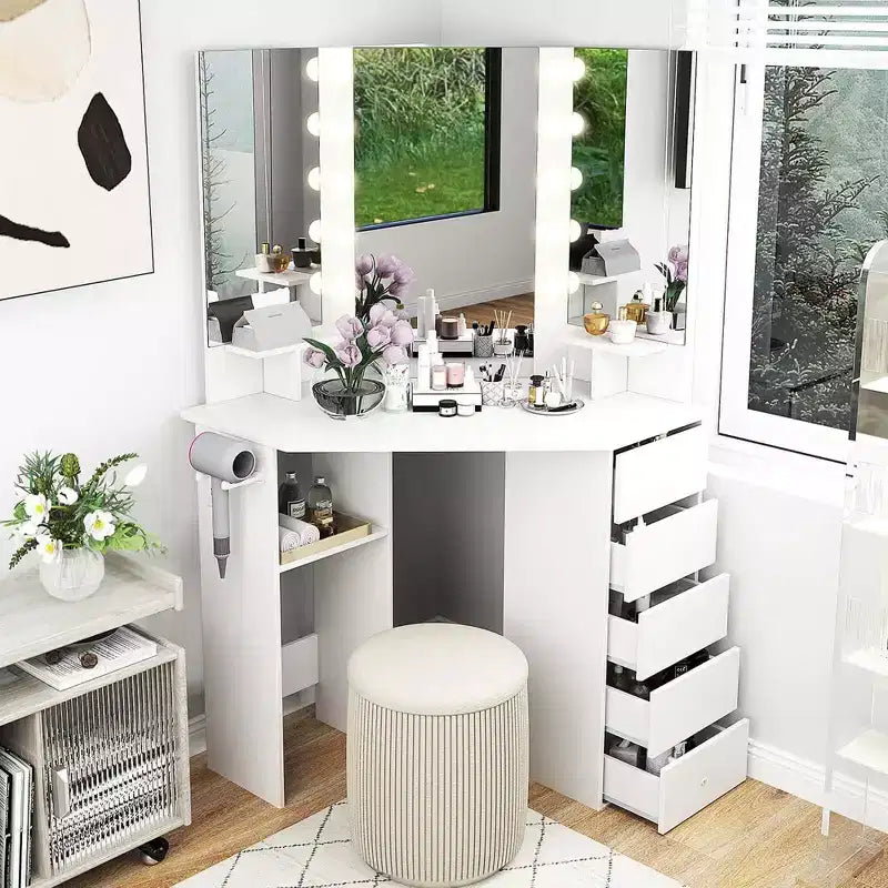 Coiffeuse d'angle avec miroir LED et prises de courant, coloris noir/blanc