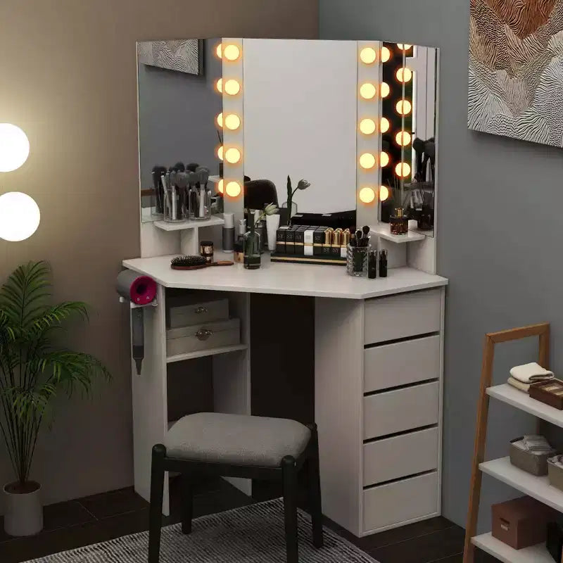 Coiffeuse d'angle avec miroir LED et prises de courant, coloris noir/blanc