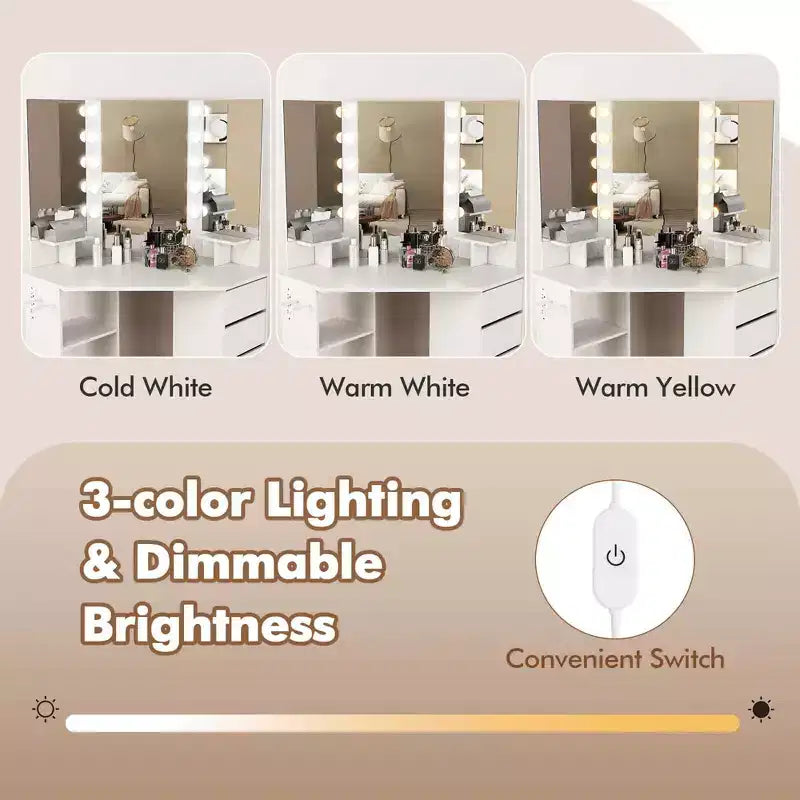 Coiffeuse d'angle avec miroir LED et prises de courant, coloris noir/blanc