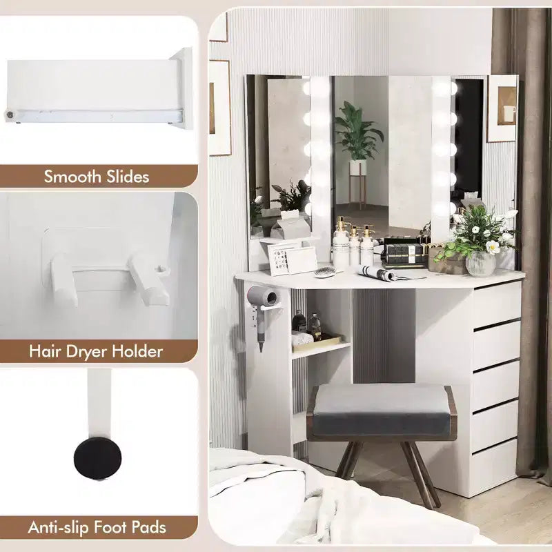 Coiffeuse d'angle avec miroir LED et prises de courant, coloris noir/blanc