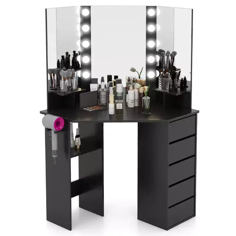 Coiffeuse d'angle avec miroir LED et prises de courant, coloris noir/blanc