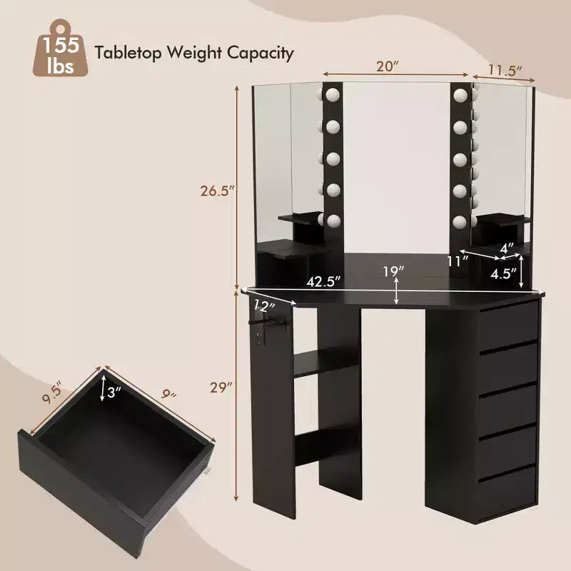 Coiffeuse d'angle avec miroir LED et prises de courant, coloris noir/blanc
