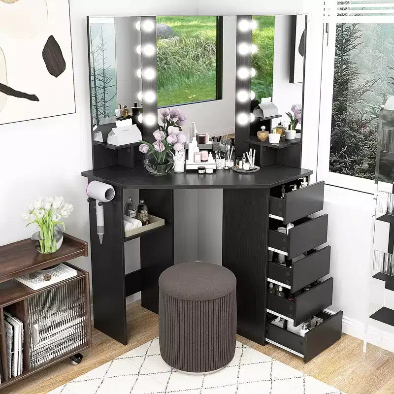 Coiffeuse d'angle avec miroir LED et prises de courant, coloris noir/blanc