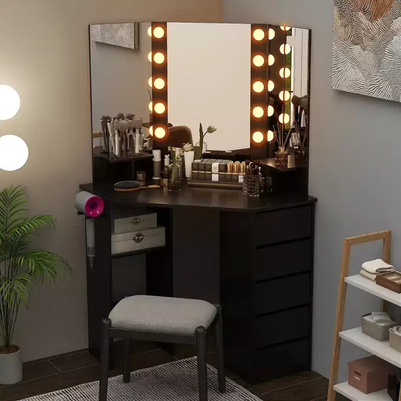 Coiffeuse d'angle avec miroir LED et prises de courant, coloris noir/blanc