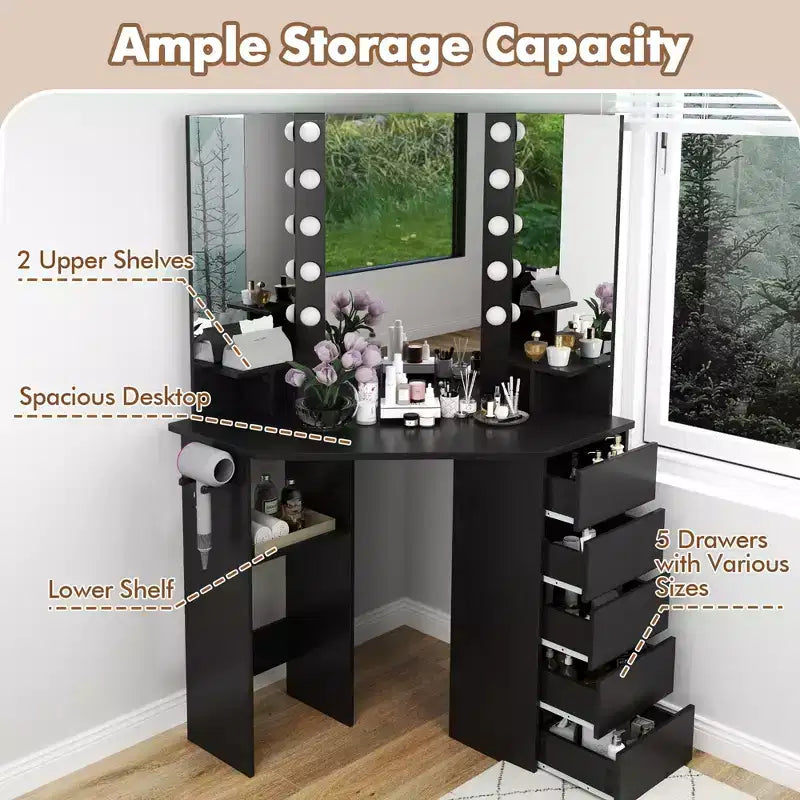 Coiffeuse d'angle avec miroir LED et prises de courant, coloris noir/blanc