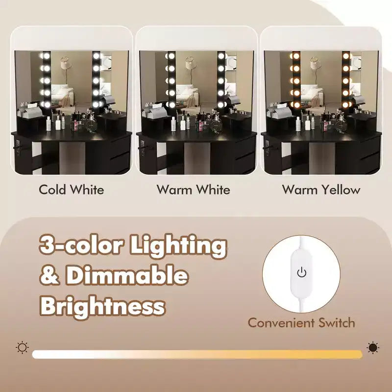 Coiffeuse d'angle avec miroir LED et prises de courant, coloris noir/blanc
