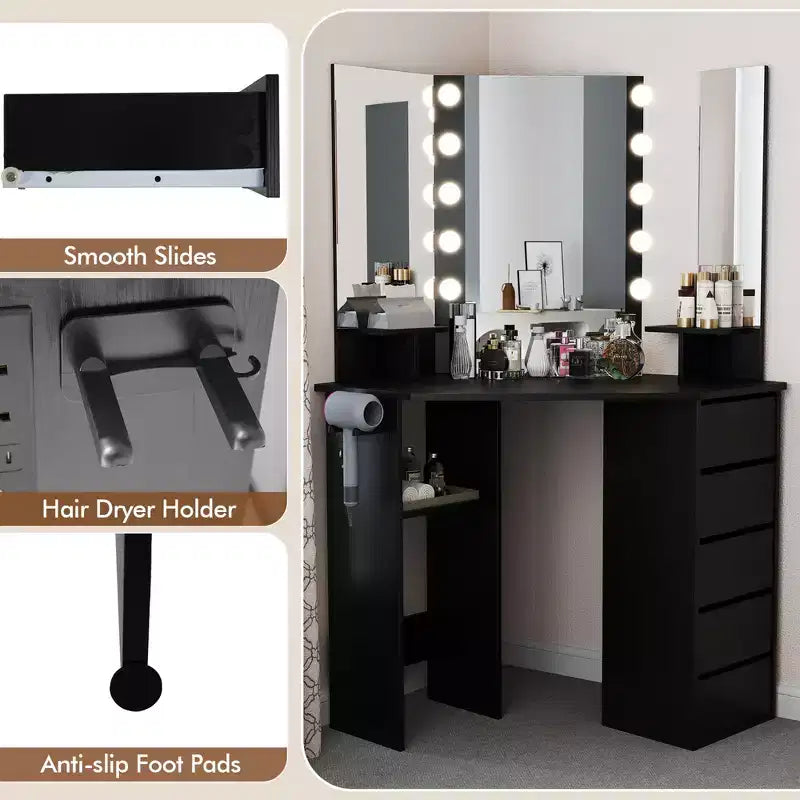 Coiffeuse d'angle avec miroir LED et prises de courant, coloris noir/blanc