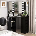 Costway Corner Vanity Desk Cosmetic Vanity Station with LED Mirror,&amp; Power Outlets Black/White