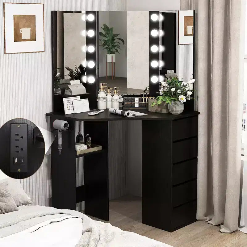 Costway Corner Vanity Desk Cosmetic Vanity Station with LED Mirror,&amp; Power Outlets Black/White