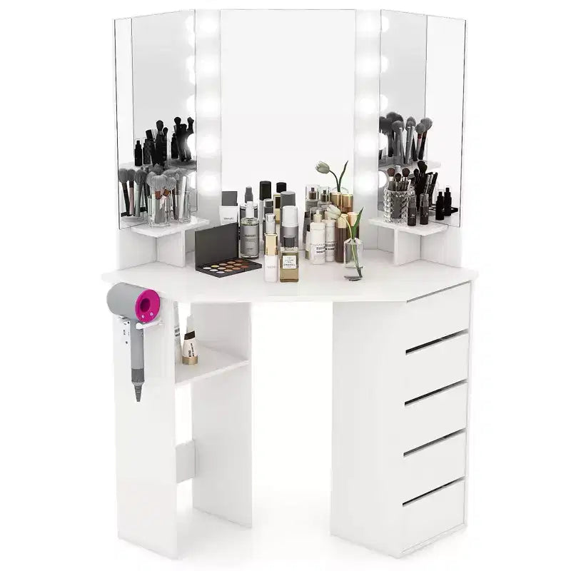 Coiffeuse d'angle avec miroir LED et prises de courant, coloris noir/blanc