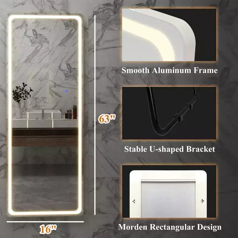Miroir rectangulaire moderne sans cadre pleine longueur avec coins arrondis blanc