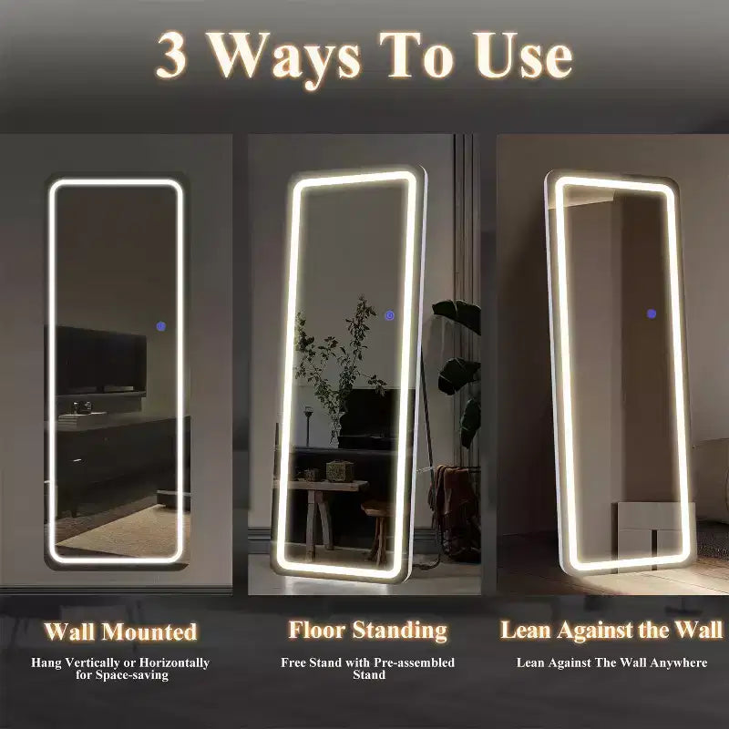 Miroir rectangulaire moderne sans cadre pleine longueur avec coins arrondis blanc
