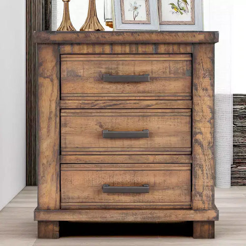 24W Farmhouse Nightstand End Table Side Table Storage Cabinet Bedside Table with 3 Drawers and Reclaimed Pine Wood Frame, Natural-ModernLuxe