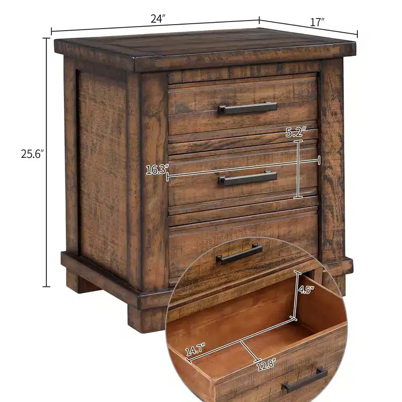 Table de chevet rustique 24W avec 3 tiroirs et cadre en bois de pin recyclé, Natural-ModernLuxe
