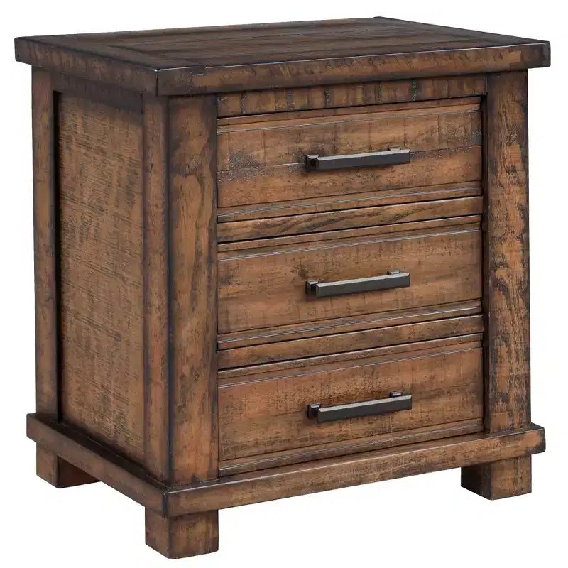 Table de chevet rustique 24W avec 3 tiroirs et cadre en bois de pin recyclé, Natural-ModernLuxe