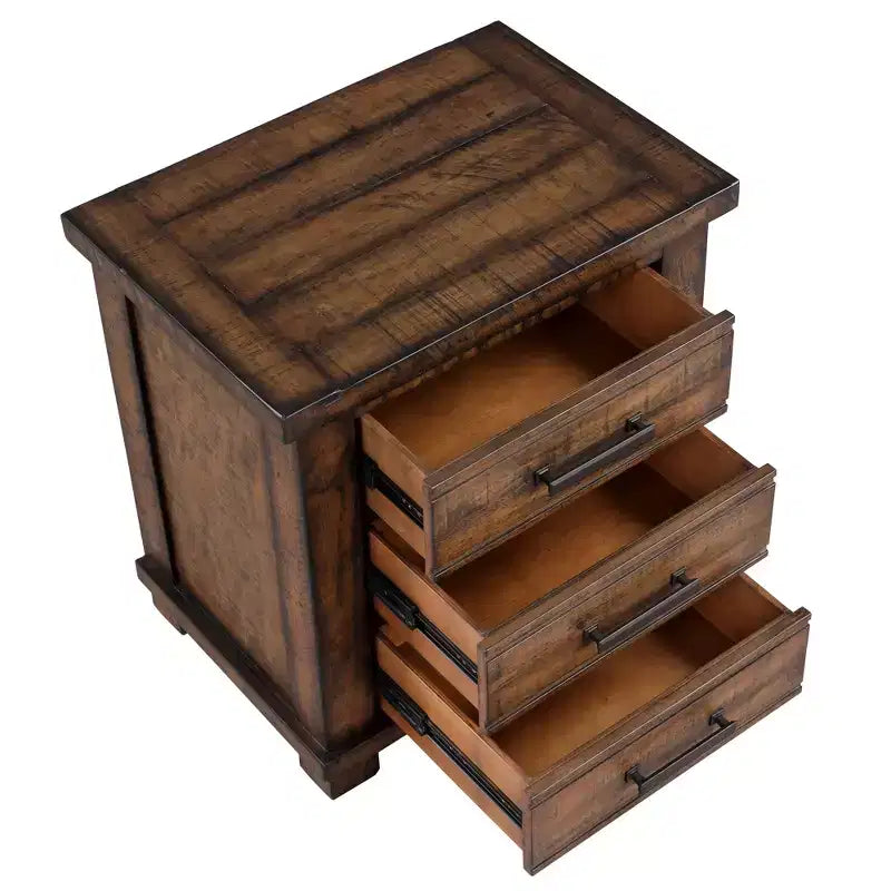 Table de chevet rustique 24W avec 3 tiroirs et cadre en bois de pin recyclé, Natural-ModernLuxe