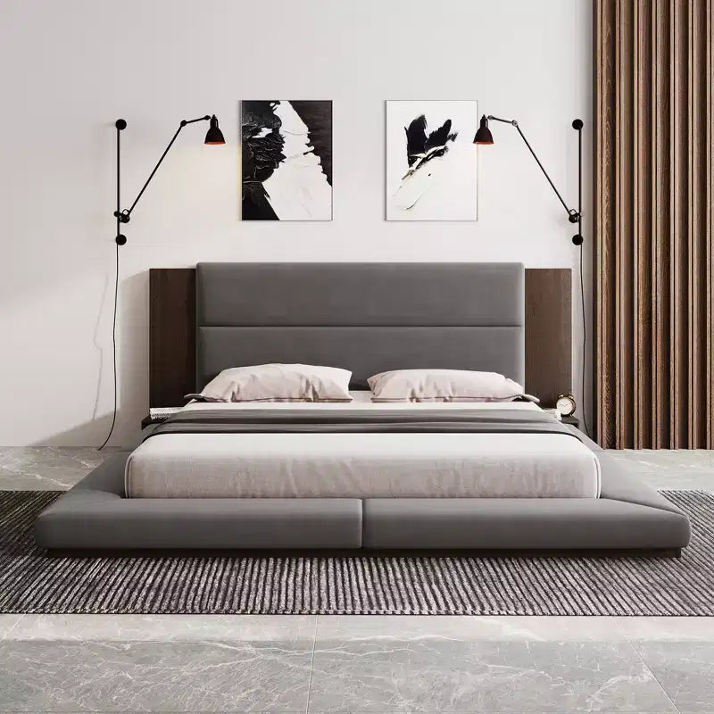 Queen/King Size Floor Upholstered Platform Bed Frame with Upholstered Headboard and Bedside Table, No Box Spring Needed, Grey-ModernLuxe