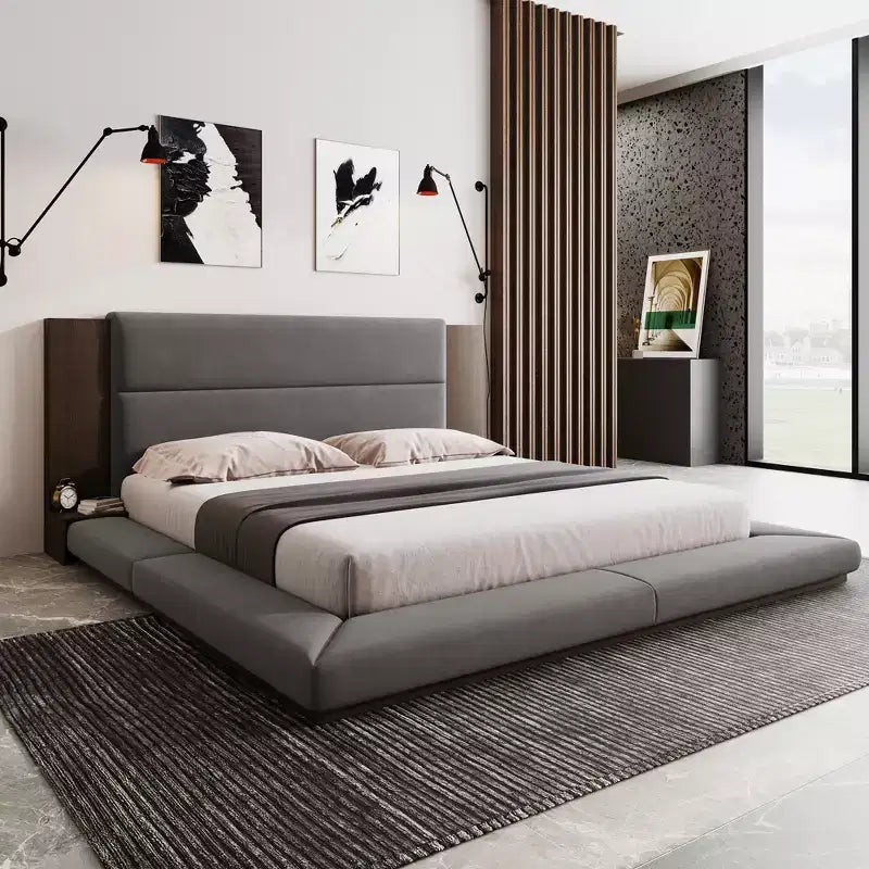 Lit rembourré plateforme avec tête de lit capitonnée et table de chevet, pour matelas Queen/King Size, aucun sommier tapissier requis, gris