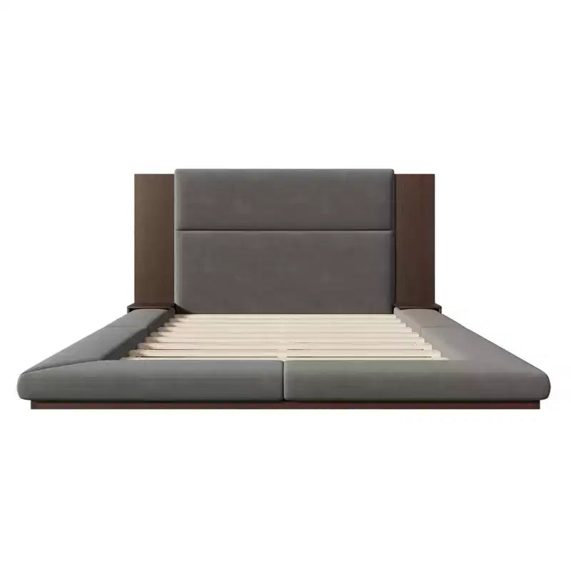Lit rembourré plateforme avec tête de lit capitonnée et table de chevet, pour matelas Queen/King Size, aucun sommier tapissier requis, gris