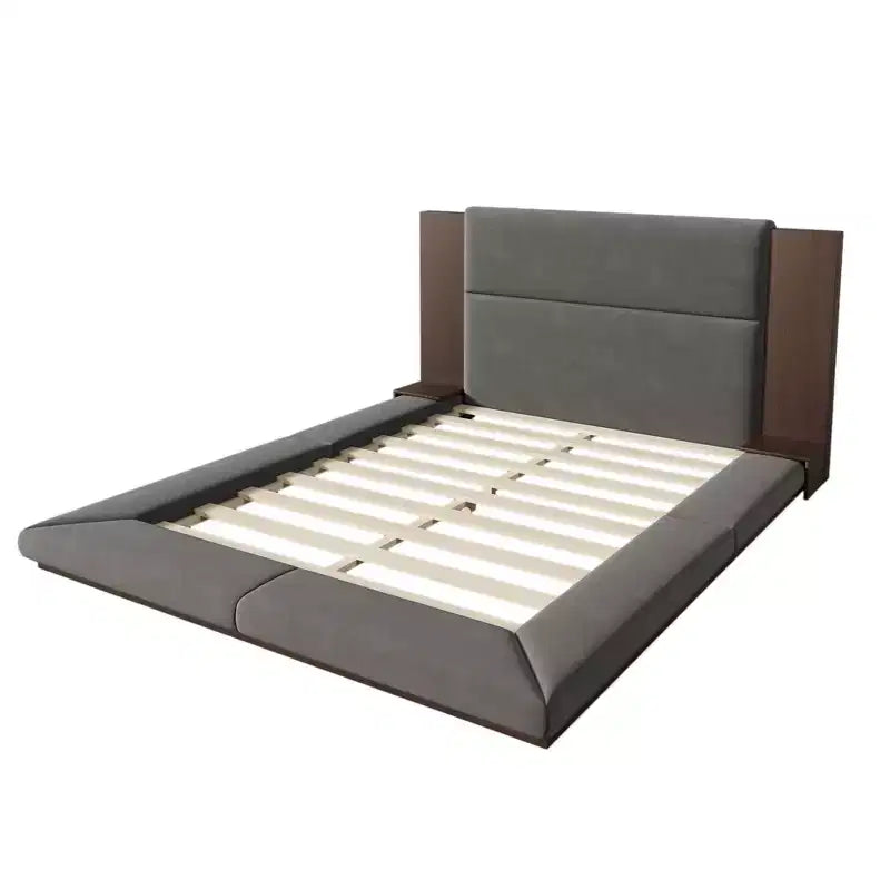 Lit rembourré plateforme avec tête de lit capitonnée et table de chevet, pour matelas Queen/King Size, aucun sommier tapissier requis, gris