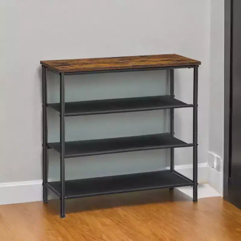 Industrial Style 4-Tier Shoe Storage Rack with Fabric Shelves and Wooden Top - Space-Saving Shoe Organizer for Entryway