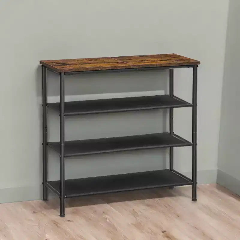 Meuble à Chaussures 4 Niveaux de Style Industriel avec Étagères en Tissu et Plateau en Bois - Organisateur de Chaussures Peu Encombrant pour Entrée