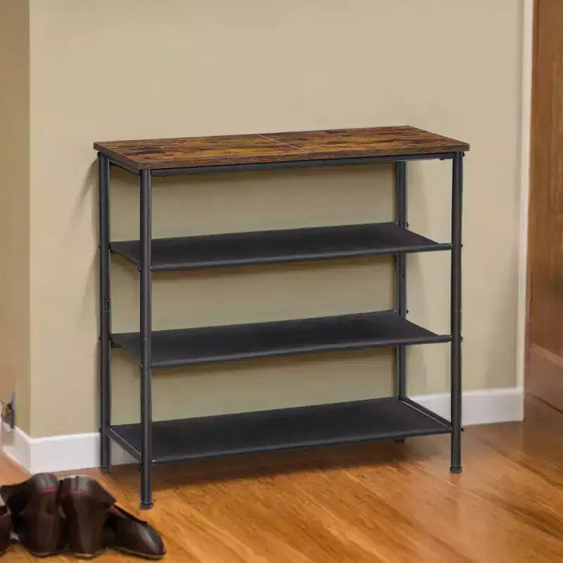 Meuble à Chaussures 4 Niveaux de Style Industriel avec Étagères en Tissu et Plateau en Bois - Organisateur de Chaussures Peu Encombrant pour Entrée