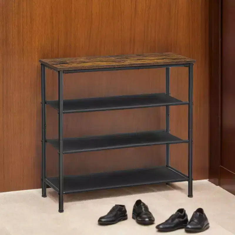 Meuble à Chaussures 4 Niveaux de Style Industriel avec Étagères en Tissu et Plateau en Bois - Organisateur de Chaussures Peu Encombrant pour Entrée