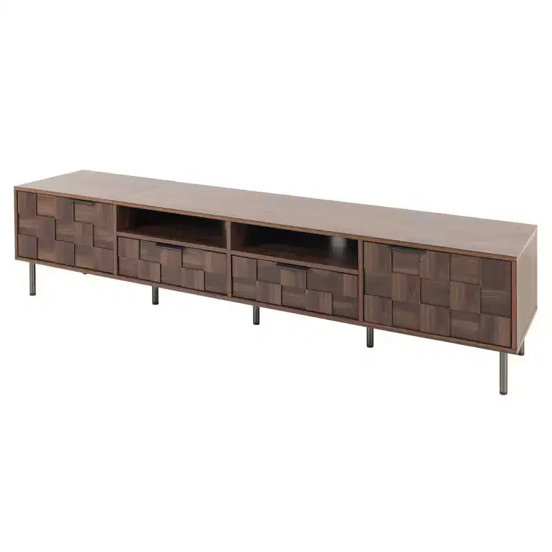 Meuble TV Mid-century avec 2 tiroirs, Table console média pour TV jusqu'à 85'', Centre de divertissement avec 2 armoires de rangement, Marron foncé