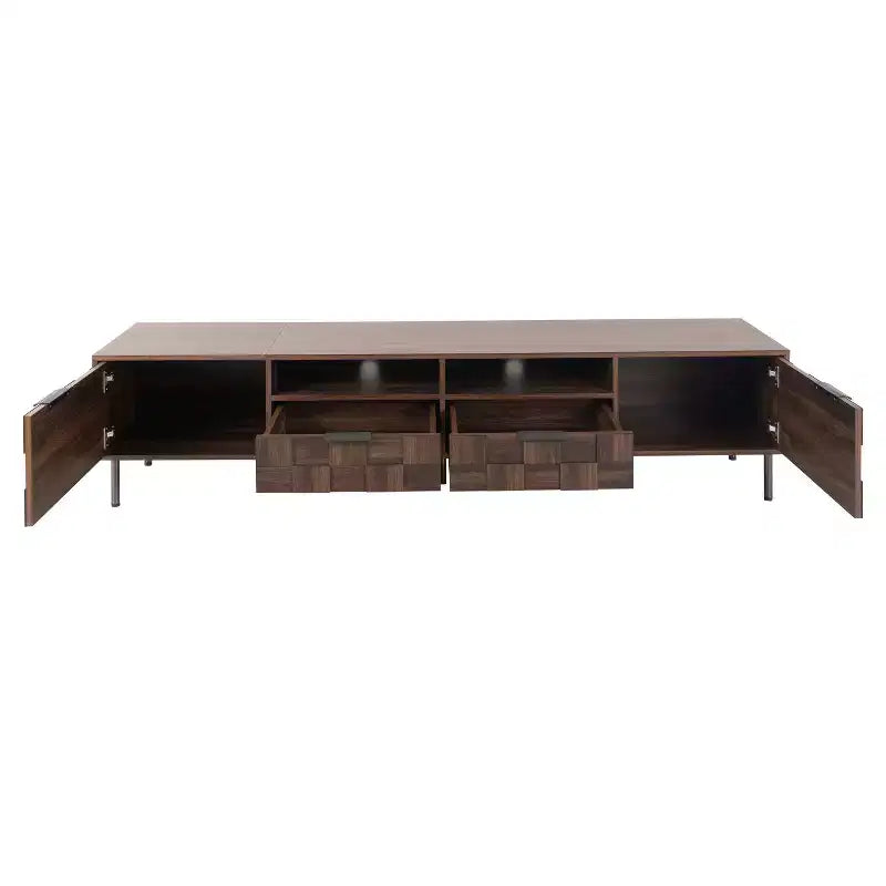 Meuble TV Mid-century avec 2 tiroirs, Table console média pour TV jusqu'à 85'', Centre de divertissement avec 2 armoires de rangement, Marron foncé